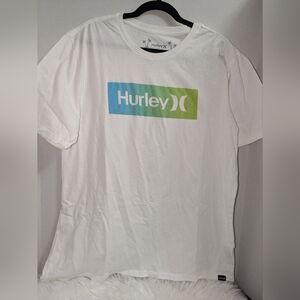 Men's White Short Sleeve Hurley T-Shirt with blue-green Hurley Logo EUC Size L